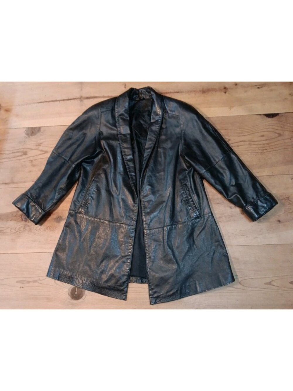 Vtg Jacqueline Ferrar Leather Coat Jacket Womens 6 P Black Open Front Mid Thigh